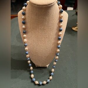 New hand made 28” freshwater pearl and blue agate bead necklace imperfect